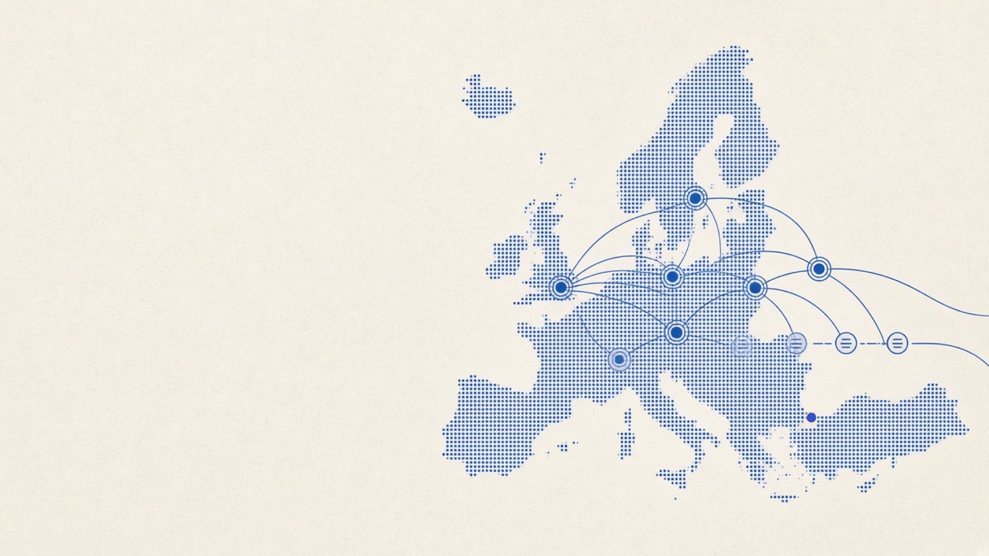 A dotted map of Europe in lapis blue on warm paper, with arcs between research nodes