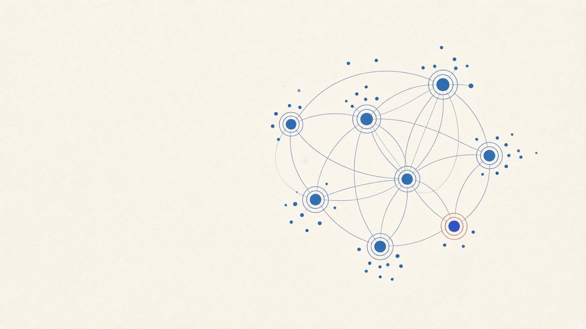 A network of blue hub nodes linked by thin arcs on warm paper