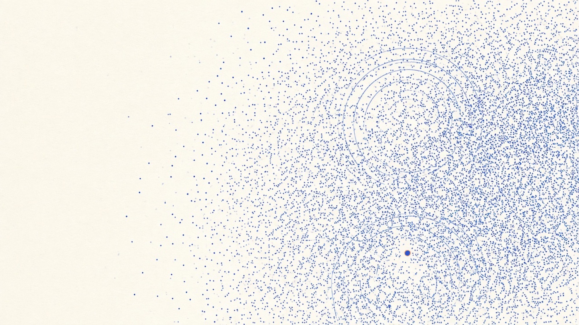 A field of blue dots on warm paper, sparse on the left and gathering into clusters on the right